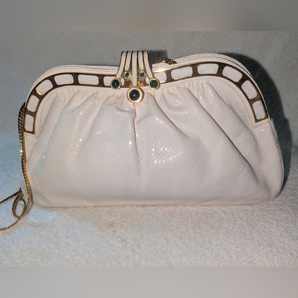 Finesse La Model Karung Snakeskin Elegant Cream Clutch Crossbody Bag.